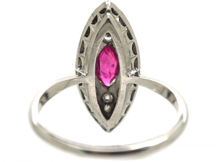 Edwardian 18ct White Gold & Platinum, Diamond & Pink Sapphire Marquise Shaped Ring