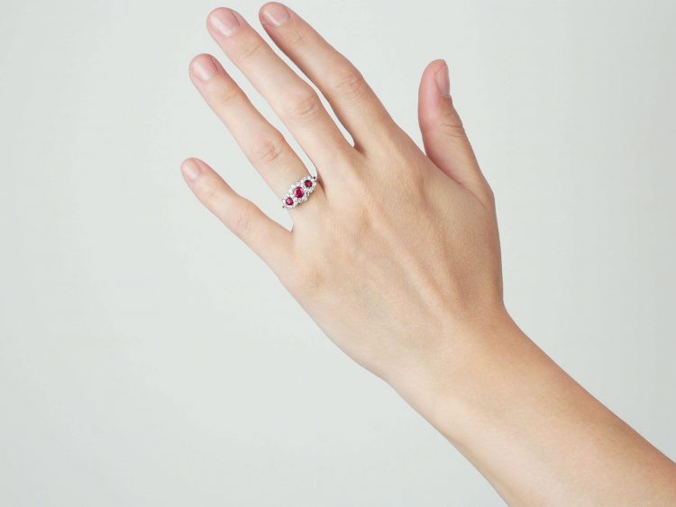 Edwardian 18ct White Gold, Three Stone Ruby & Diamond Triple Cluster Ring