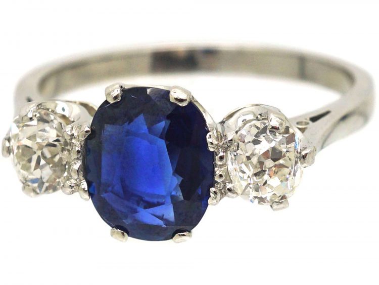 Art Deco 18ct White Gold, Sapphire & Diamond Three Stone Ring