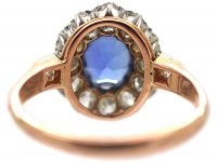 French Belle Epoque 18ct Gold, Platinum, Ceylon Sapphire & Diamond Cluster Ring with Diamond Set Shoulders