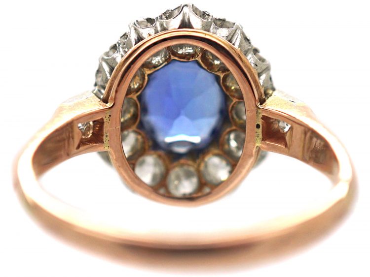 French Belle Epoque 18ct Gold, Platinum, Ceylon Sapphire & Diamond Cluster Ring with Diamond Set Shoulders