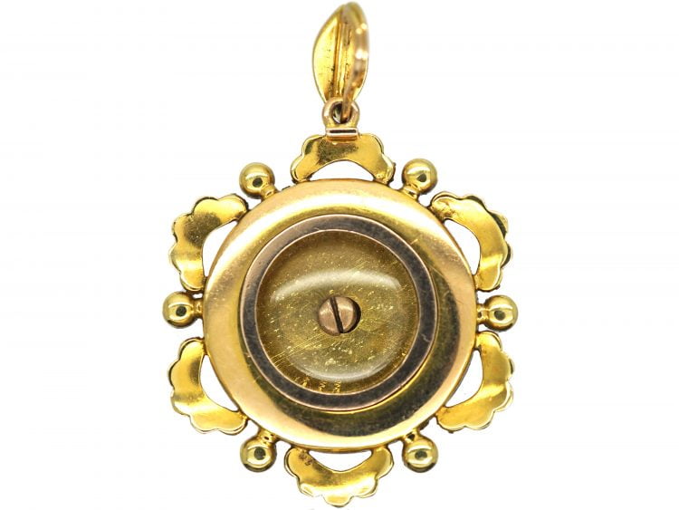Edwardian 15ct Gold, Natural Split Pearls & Green Enamel Round Pendant with Locket Back