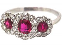 Edwardian 18ct White Gold, Three Stone Ruby & Diamond Triple Cluster Ring
