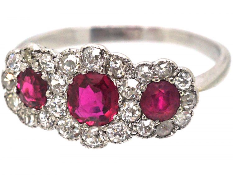 Edwardian 18ct White Gold, Three Stone Ruby & Diamond Triple Cluster Ring