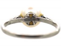 Art Deco Platinum, Cultured Pearl Ring with Rose Diamond Shoulders