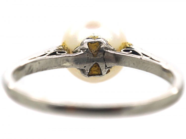Art Deco Platinum, Cultured Pearl Ring with Rose Diamond Shoulders