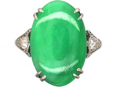 Art Deco 18ct White Gold & Platinum, Jade Ring with Diamond Set Shoulders