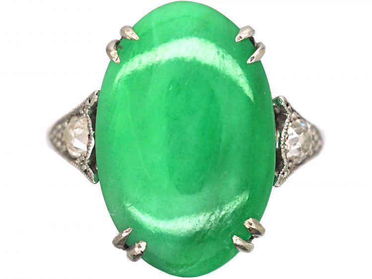 Art Deco 18ct White Gold & Platinum, Jade Ring with Diamond Set Shoulders