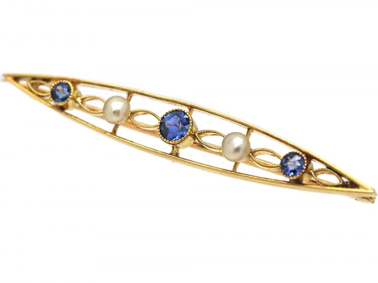 Edwardian 15ct Gold Brooch set with Sapphires & Natural Pearls