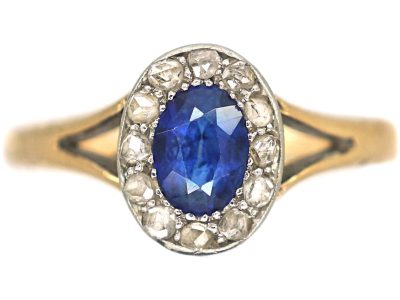 Edwardian 9ct Gold, Sapphire & Diamond Oval Cluster Ring