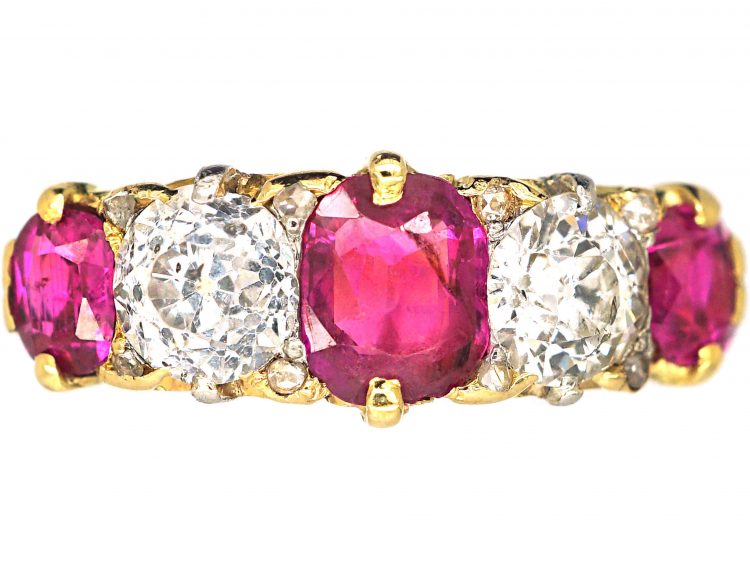 Victorian 18ct Gold, Five Stone Ruby & Diamond Carved Half Hoop Ring