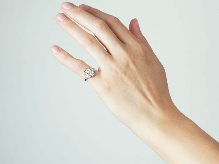 Art Deco Platinum, Two Stone Diamond Ring with Step Cut Shoulders set with Diamonds