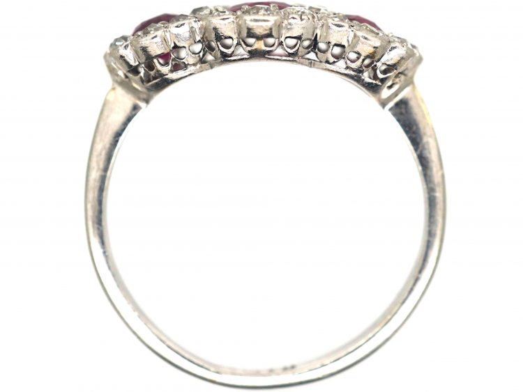 Edwardian 18ct White Gold, Three Stone Ruby & Diamond Triple Cluster Ring