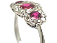 Edwardian 18ct White Gold, Three Stone Ruby & Diamond Triple Cluster Ring
