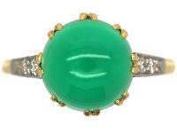 Art Deco 15ct Gold & Platinum Ring set with Green Chalcedony with Diamond set Shoulders