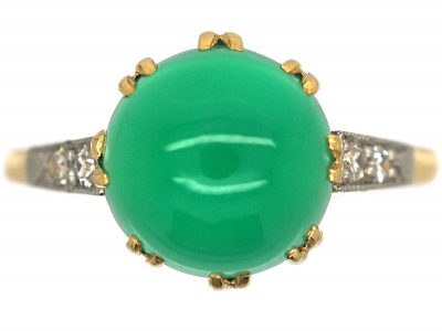 Art Deco 15ct Gold & Platinum Ring set with Green Chalcedony with Diamond set Shoulders