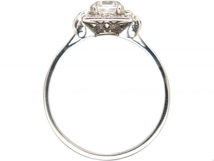 Art Deco Platinum Asscher Cut Diamond Ring with Small Diamond Set Detail