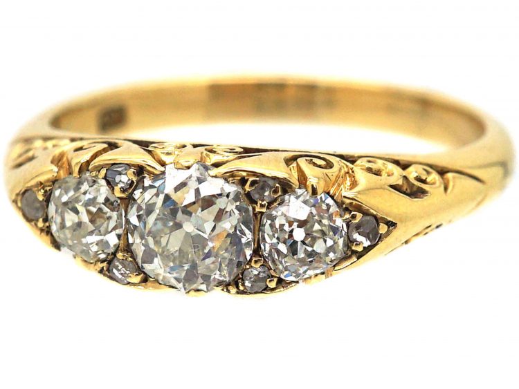 Victorian 18ct Gold, Three Stone Diamond Carved Half Hoop Ring