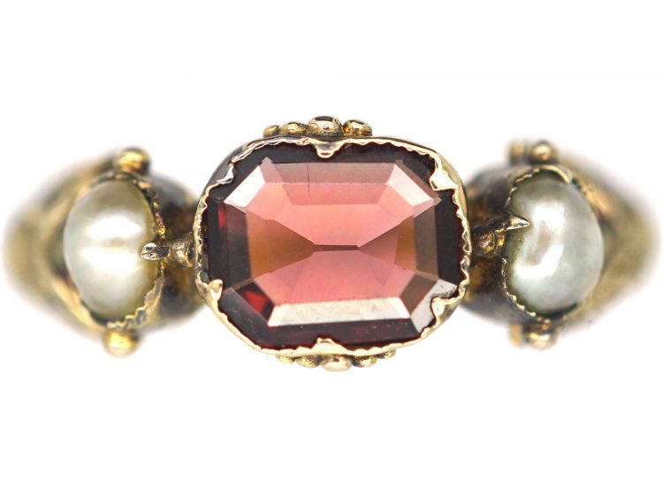 Georgian Scottish 9ct Gold, Flat Cut Garnet & Natural Split Pearl Ring with Thistle Motif Shoulders