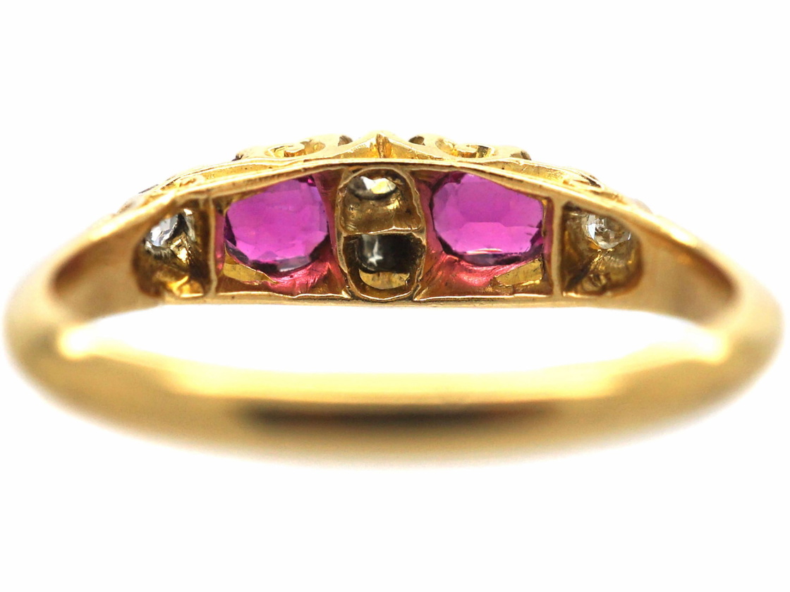 Edwardian 18ct Gold, Ruby & Diamond Narrow Boat Shaped Carved Half Hoop ...