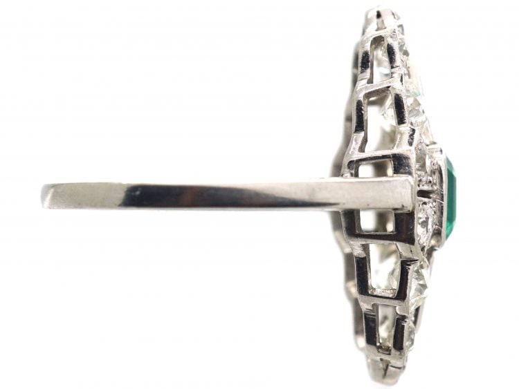 Art Deco Platinum, Emerald & Diamond Navette Shaped Ring