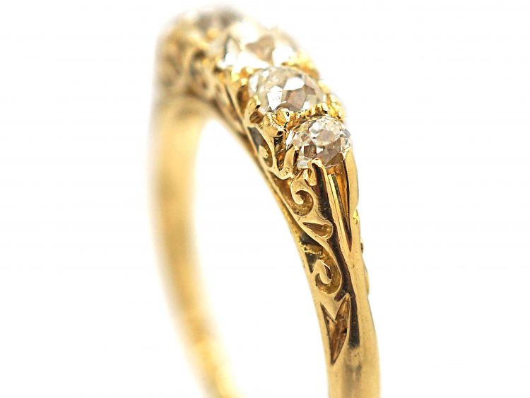 Victorian 18ct Gold & Five Stone Diamond Carved Half Hoop Ring