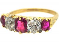 Victorian 18ct Gold, Five Stone Ruby & Diamond Carved Half Hoop Ring