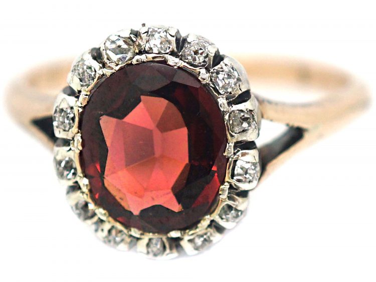 Victorian 14ct Gold, Garnet & Diamond Oval Cluster Ring