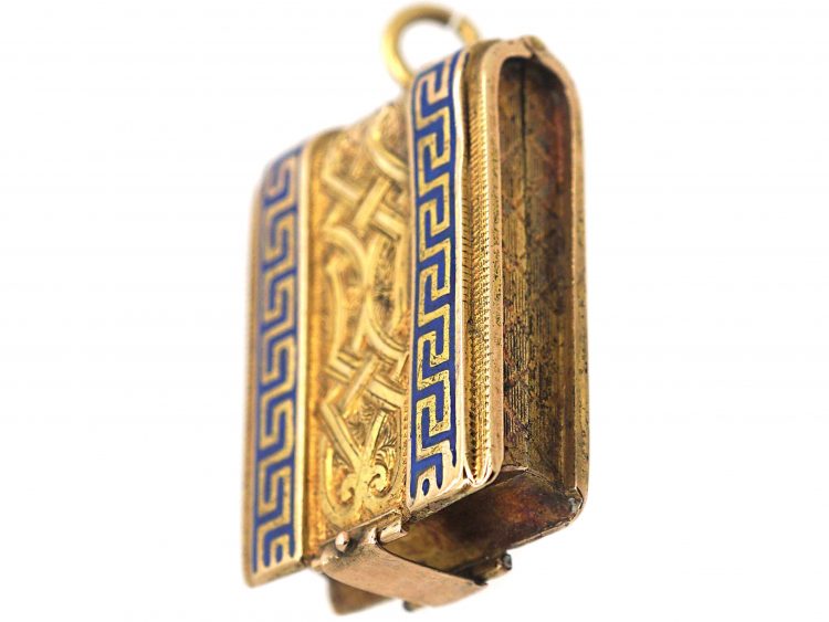 Victorian 18ct Gold & Blue Enamel Rectangular Book Locket with Four Glazed Compartments Inside