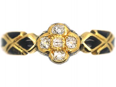 Victorian 18ct Gold & Diamond Cluster Ring with Black Enamel Detail