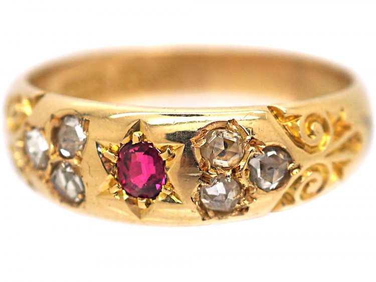 Victorian 18ct Gold, Ruby & Rose Diamond Gypsy Ring with Ornate Shoulders