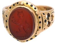 Victorian 15ct Gold Signet Ring with Intaglio of a Rearing Cat