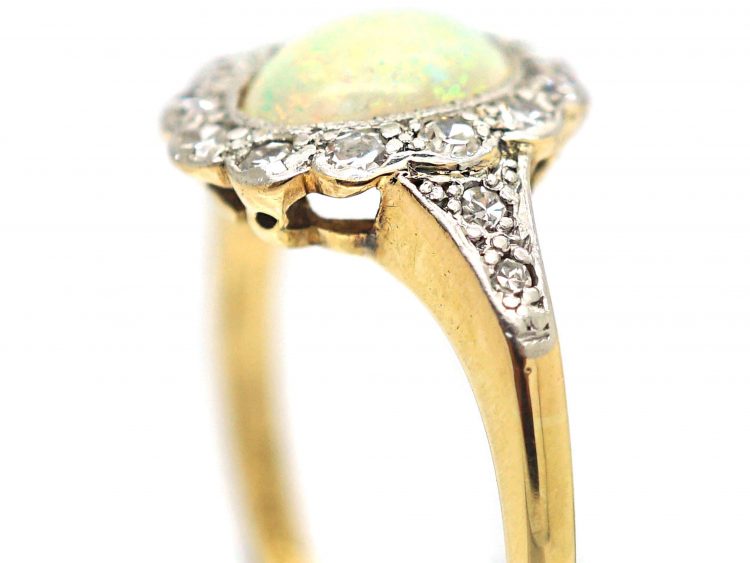 Edwardian 18ct Gold & Platinum, Opal & Diamond Cluster Ring with Diamond Set Shoulders