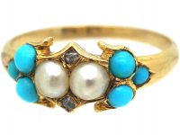 Regency 15ct Gold, Turquoise, Natural Split Pearl & Rose Diamond Ring