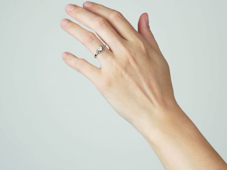 Art Deco 18ct Gold & Platinum, Diamond Solitaire Ring with Diamond Set Leaf Shoulders