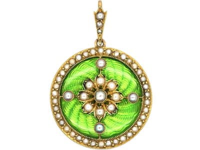 Edwardian 15ct Gold & Apple Green Enamel Round Pendant set with Natural Split Pearls