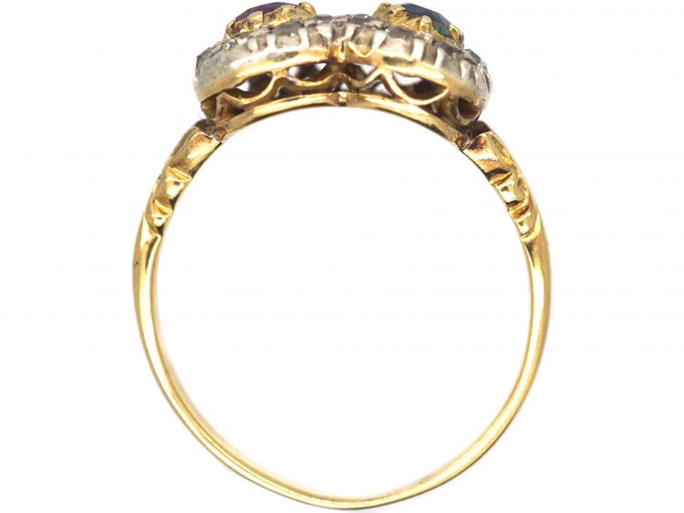 Victorian 18ct Gold Double Heart Ring set with a Ruby, Sapphire & Diamonds