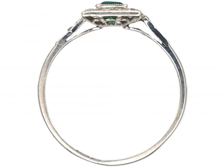 Art Deco Platinum, Emerald & Diamond Rectangular Ring with Diamond set Shoulders