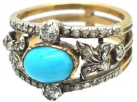 Edwardian 18ct Gold Turquoise & Diamond Ring with Rose Diamond Leaf Detail