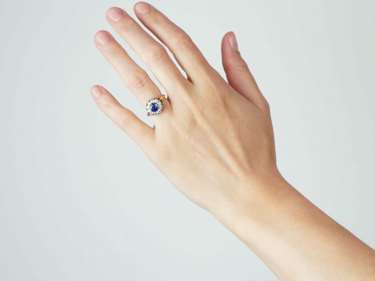 18ct Gold, Royal Blue Sapphire & Diamond Cluster Ring