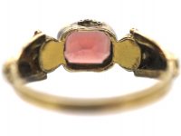 Georgian Scottish 9ct Gold, Flat Cut Garnet & Natural Split Pearl Ring with Thistle Motif Shoulders