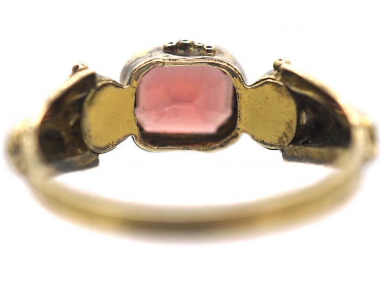 Georgian Scottish 9ct Gold, Flat Cut Garnet & Natural Split Pearl Ring with Thistle Motif Shoulders