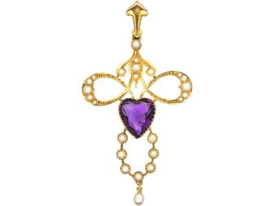 Edwardian 15ct Gold Pendant set with a Heart Shaped Amethyst & Natural Split Pearls in Original Case