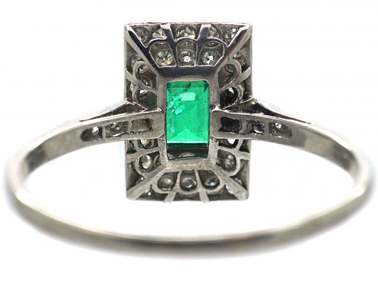 Art Deco Platinum, Emerald & Diamond Rectangular Ring with Diamond set Shoulders