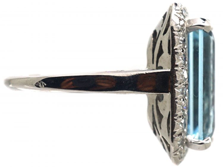 Retro 18ct White Gold, Aquamarine & Diamond Rectangular Shaped Ring