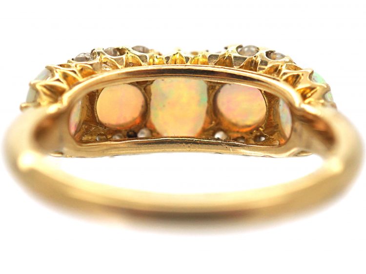 Edwardian 18ct Gold, Five Stone Opal & Diamond Ring
