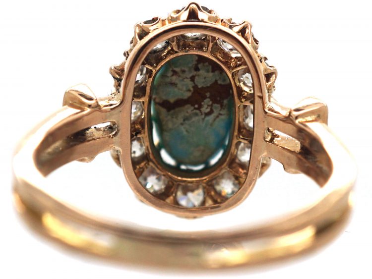 Edwardian 15ct Gold, Turquoise & Diamond Oval Cluster Ring with Turquoise Set Shoulders
