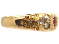 Victorian 18ct Gold, Ruby & Rose Diamond Gypsy Ring with Ornate Shoulders