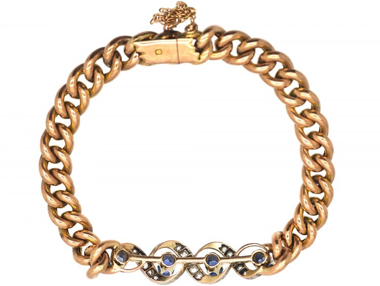 Edwardian 9ct Gold Curb Bracelet set with Sapphires & Diamonds