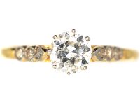 Art Deco 18ct Gold & Platinum, Diamond Solitaire Ring with Diamond Set Shoulders